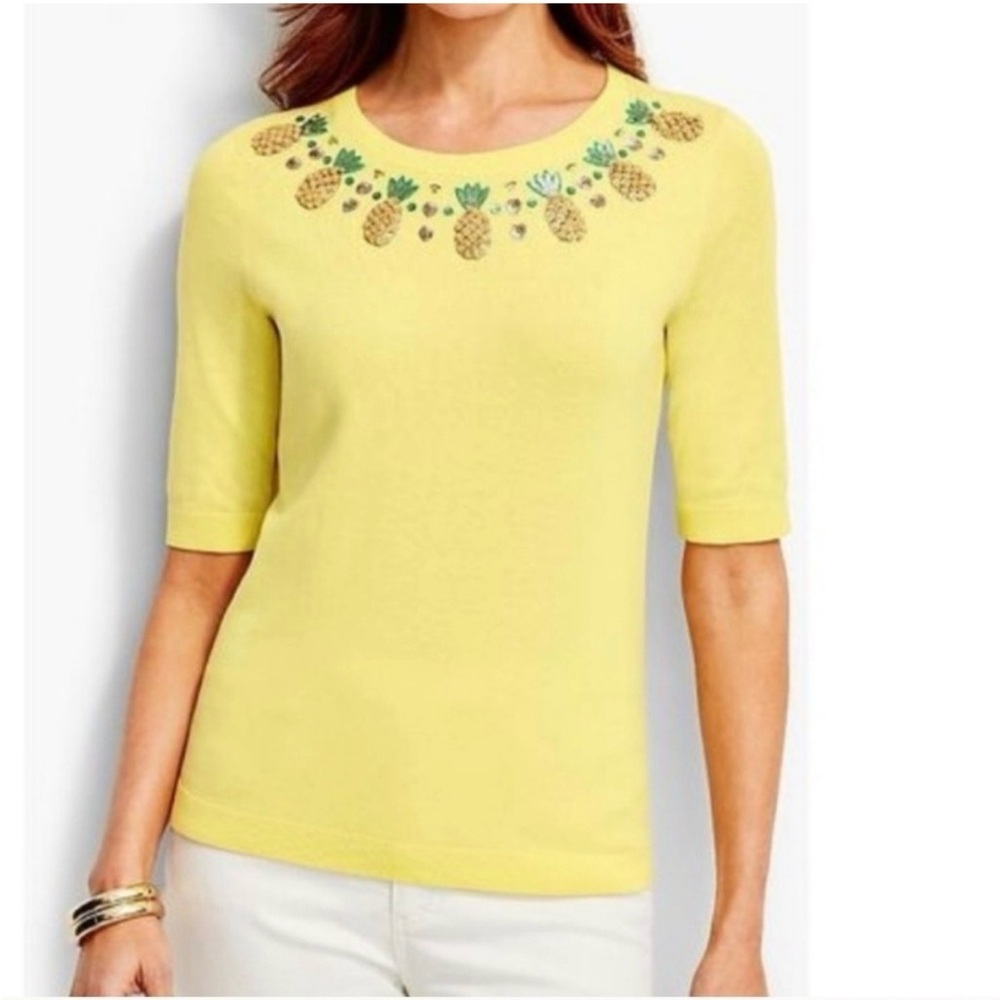 Talbots Knit Top Embroidered Sequins Pineapple Tropical Resortwear Summer 2X